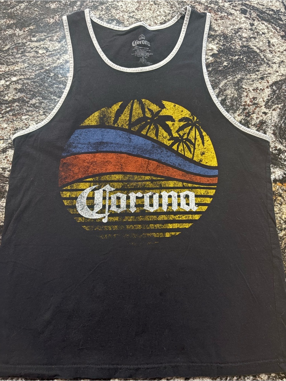 Corona Men's Retro Sunset Palm Tank Top - White with Black & Gray Trim
